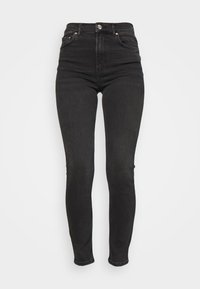 Jeans skinny pretos de cintura alta feitos em ganga, com fecho de botão, cinco bolsos e uma textura suave e ligeiramente elástica.