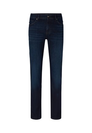 Dunkelblaue Jeans aus Denim mit geradem Schnitt, fünf Taschen und subtilen Auswaschungen. Verfügt über einen Knopfverschluss und Gürtelschlaufen.