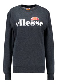 Felpa grigia scura realizzata in tessuto morbido, con collo e polsini a coste. Grande logo bianco "ellesse" con un design a semicerchio arancione e rosso.
