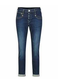 Dark blue denim jeans with a slim fit, five pockets, and a button fly. Features cuffed hems and gold stitching accents.