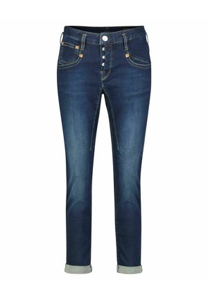 Dunkelblaue Denim-Jeans im Slim-Fit-Stil, mit fünf Taschen und einem Knopfverschluss. Verfügt über umgeschlagene Säume und goldene Nähte.