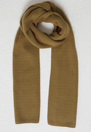 Brown knitted scarf with a smooth texture, arranged in a circular knot, featuring two long, flat ends.