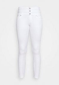 Jeans skinny blancos de cintura alta con una textura suave, cierre de tres botones y bolsillos frontales. Sin patrones o acentos visibles.