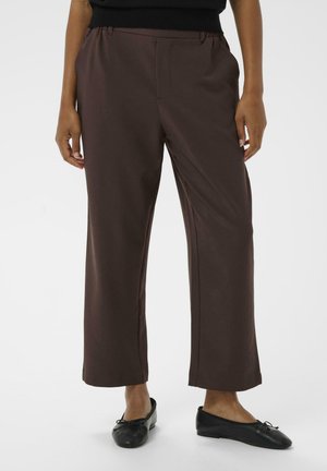 Brown wide-leg trousers with a smooth texture, featuring front pockets and a mid-rise waist, paired with black flat shoes.