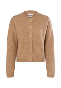 Beige Strickjacke aus weichem Material, mit Rundhalsausschnitt, Knopfverschluss mit goldenen Akzenten und gerippten Bündchen sowie Saum.