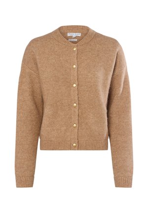 Tan cardigan van zacht breimateriaal, met een ronde halslijn, knoopsluiting met gouden accenten en geribbelde manchetten en zoom.