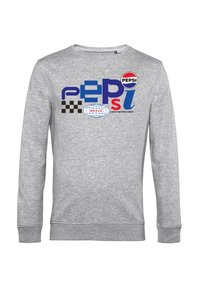 Felpa grigia con una grafica colorata che presenta "PEPSI", un motivo a scacchi e un design a globo. Dettagli con polsini e collo a coste.
