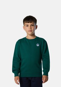 Grüner sweatshirt mit langen Ärmeln, Rundhalsausschnitt und gerippten Bündchen. Besitzt ein rundes blaues Logo auf der Brust. Weicher, strukturierter Stoff.