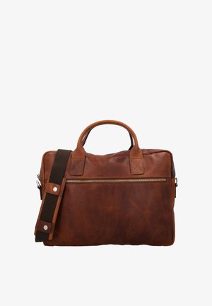 Brown leather briefcase with a top handle, front zip pocket, and adjustable black shoulder strap with padding.