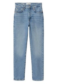Jean en denim bleu clair à coupe droite, bouton frontal, fermeture éclair et cinq poches, présenté à plat sur fond blanc.