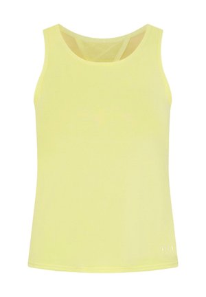 Yellow tank top made of smooth, lightweight fabric. Features a round neckline and wide shoulder straps, with a small logo on the bottom.