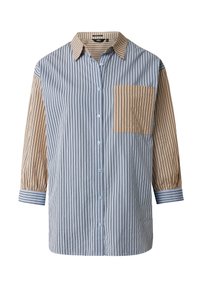 Camicia a righe con strisce verticali blu e beige, colletto, chiusura a bottoni, una tasca a toppa e maniche lunghe leggermente svasate.