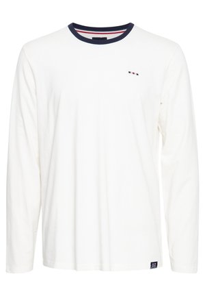 White long-sleeve t-shirt made from cotton, featuring a navy collar with red and white accents, and a small logo on the chest.