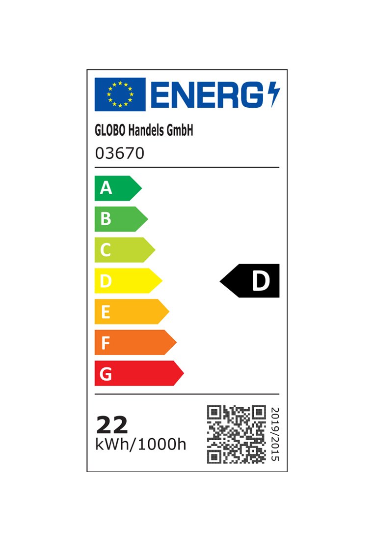Energetický štítek pro produkt s barevným gradientem zelené, žluté a červené, uvádějící kategorii D a spotřebu energie 22 kWh/1000h.