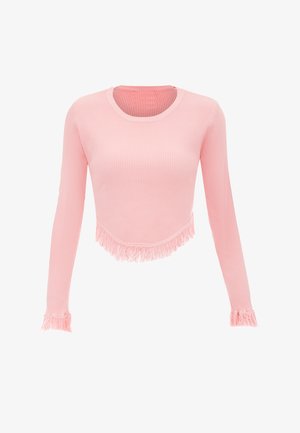 Top a manica lunga rosa a coste con scollo rotondo e orlo frangiato. Il materiale presenta un design testurizzato e una silhouette cropped.