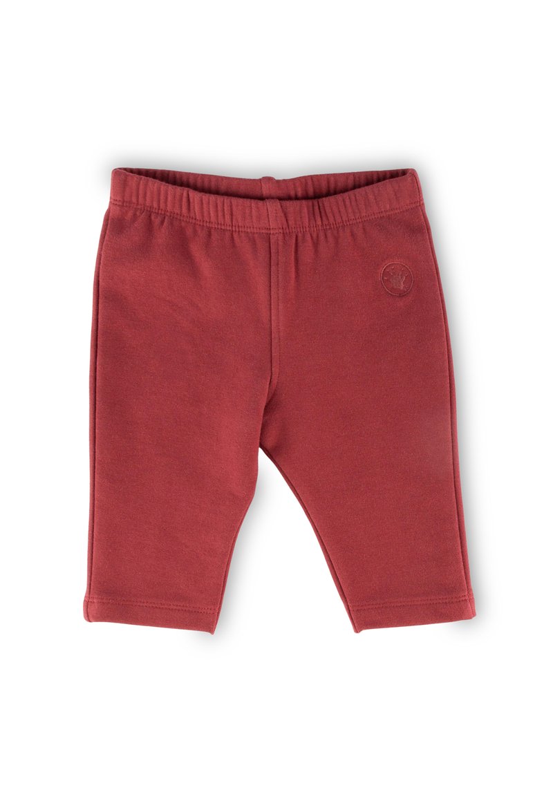 Red cotton shorts with an elastic waistband, mid-thigh length, and a small embossed logo on the front. Soft texture, no pattern.