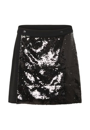 Minifalda negra con lentejuelas que presenta una cinturilla ajustada. La parte frontal tiene un tejido de lentejuelas brillante y texturizado, en contraste con un tejido mate en la parte posterior.