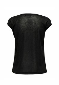 Haut noir à manches courtes avec une coupe décontractée, fabriqué dans un matériau léger. Il présente une texture légèrement transparente et un dos ouvert.