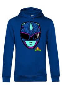 Modrá mikina s kapucí s grafikou designu helmy v světle modré, černé a růžové. Obsahuje logo "Power Rangers" v zelené a žluté barvě.