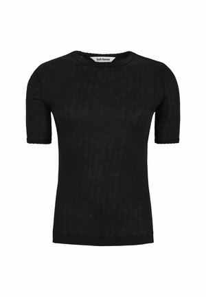 Melna īsās piedurknes blūze ar ribotu tekstūru un apaļu kakla izgriezumu. Piedāvā ciešu piegulšanu un smalkas detaļas visā audumā.