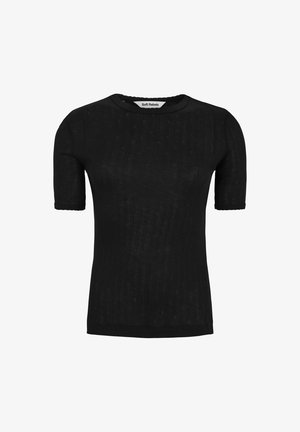 Zwarte top met korte mouwen, met een ribbelstructuur en ronde halslijn. Heeft een aansluitende pasvorm en subtiele details door de stof.
