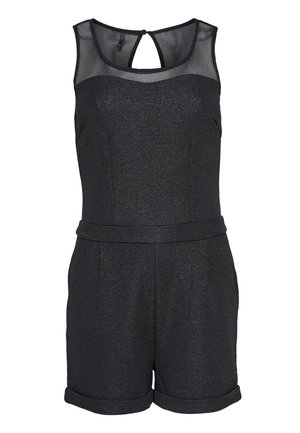 Musta romper, jossa on teksturoitu, hohtava kangas, hihaton malli, verkkokuviollinen yläosa, avonainen selkäosa ja käännetyt lahkeet shortseissa.