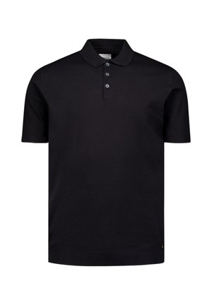 Zwarte gebreide polo met een drieknopssluiting, korte mouwen, ribbelkraag en -zoom, en een gladde textuur zonder patronen of versieringen.