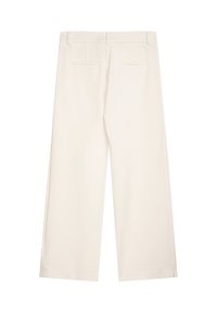 Cremefarbene, weit geschnittene Hose mit glatter Textur, zwei Gesäßtaschen und tailliertem Bund. Verfügt über einen geraden Schnitt mit klaren Linien.