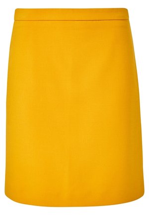 Jupe trapèze jaune avec une ceinture lisse, longueur genoux, sans motifs ni ornements visibles.