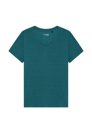 Türkisfarbenes kurzärmeliges V-Ausschnitt-T-Shirt, flach liegend auf weißem Hintergrund, schlichtes Design ohne Muster oder Grafiken.