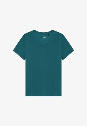 Türkisfarbenes kurzärmeliges V-Ausschnitt-T-Shirt, flach liegend auf weißem Hintergrund, schlichtes Design ohne Muster oder Grafiken.