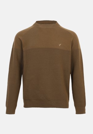 Brun stickad tröja med ett strukturerat mönster, rund halsringning och ribbade muddar. Har en subtil logga på bröstet.