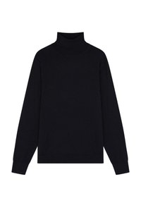 Schwarzer Rollkragenpullover aus weichem Stoff, mit langen Ärmeln und hohem Kragen. Glatte Textur mit lockerer Passform.