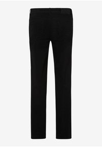 Černé slim-fit kalhoty s hladkým povrchem, s klasickým pasem a dvěma zadními kapsami, vhodné pro každodenní nošení.