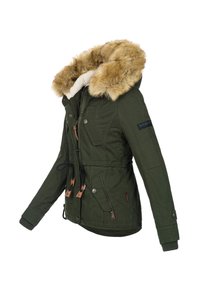 Dark green winter jacket with fur-lined hood, zip and button closure, drawstring waist, multiple pockets, and ribbed cuffs.