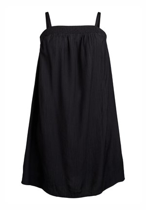 Vestito nero senza maniche con un corpetto arricciato, design fluido e texture liscia. Presenta sottili spalline regolabili e una vestibilità comoda.