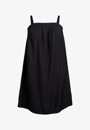 Vestito nero senza maniche con un corpetto arricciato, design fluido e texture liscia. Presenta sottili spalline regolabili e una vestibilità comoda.