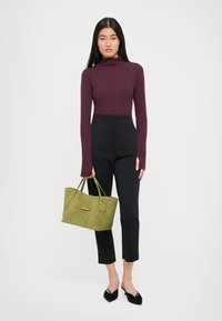Burgundin turtlenecki, mustad kõrge vöökohtadega püksid, roheline sametist kott kuldsete detailidega ja mustad terava ninaga kingad. Lihtne valge taust.