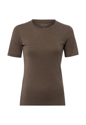 Plain brown short-sleeve cotton blend t-shirt with round neckline, medium size, no patterns or logos visible.