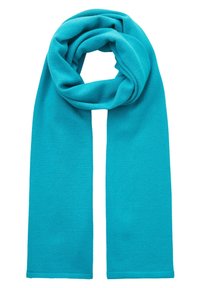 Écharpe turquoise en tissu doux, présentant une forme longue et rectangulaire avec une texture lisse, sans motifs ni éléments métalliques apparents.