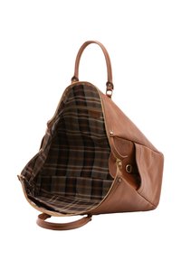 Bruine leren tas met een ruime binnenkant, voorzien van een geruite voering. Inclusief een ritssluiting en korte handgrepen voor het dragen.