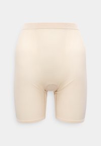 Chiloți tip boxeri Calvin Klein bej, cu o textură netedă, design de lungime medie, talie elastică și o deschidere rotundă în centru.