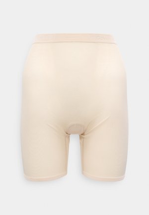 Μπεζ ανδρικά μποξεράκια Calvin Klein με λεία υφή, μεσαίο μήκος, ελαστική μέση και στρογγυλή άνοιξη στο κέντρο.