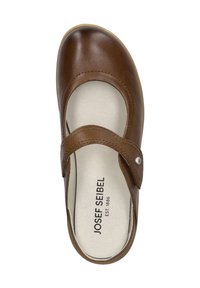 Brown leather Mary Jane-style shoe with a wide strap and a silver snap closure. Soft insole and rounded toe design.