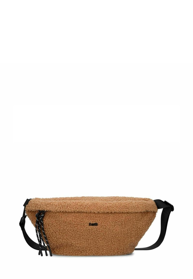 Borsa marrone soffice realizzata in materiale texturizzato e morbido con forma arrotondata, tracolla nera regolabile e dettagli decorativi in corda nera e bianca.