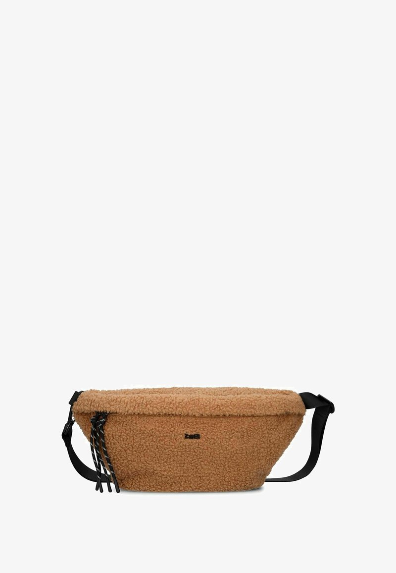 Borsa marrone soffice realizzata in materiale texturizzato e morbido con forma arrotondata, tracolla nera regolabile e dettagli decorativi in corda nera e bianca.