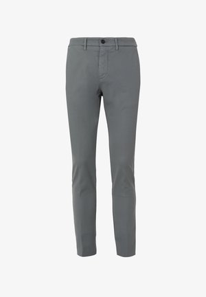 Grå slim-fit bukser lavet af bomuldsblanding, med flad front, bæltestropper, en enkelt knaplukning og to sidelommer.