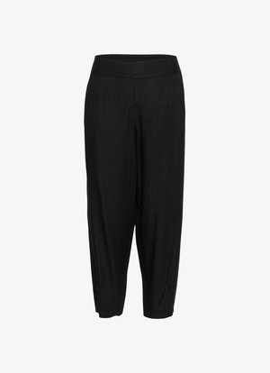 Mustad lõigatud mustad püksid siledast materjalist, millel on elastne vöökoht ja mugav lõige. Ei mingeid nähtavaid mustreid ega metalldetailide.