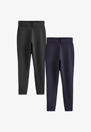 Två par leggings: ett par svarta och ett par mörkblå. Båda har en bred midja och en slät, stretchig tygstruktur.