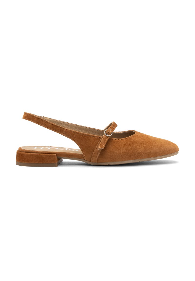 Tan suede slingback flats with a pointed toe, a flat heel, and an adjustable strap featuring a round buckle detail.